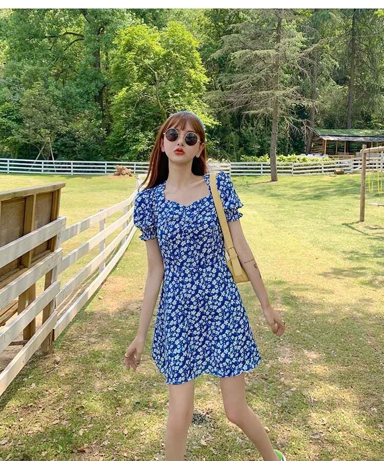 レトロ サイドスリット ワンピース 花柄 シフォン ミニ丈 半袖 L ブルー(ロング丈)