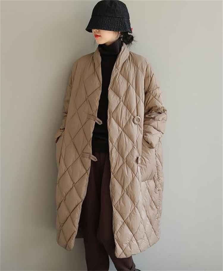 ダウンジャケット コート ピュアカラー Vネック ひし形 2XL カーキ