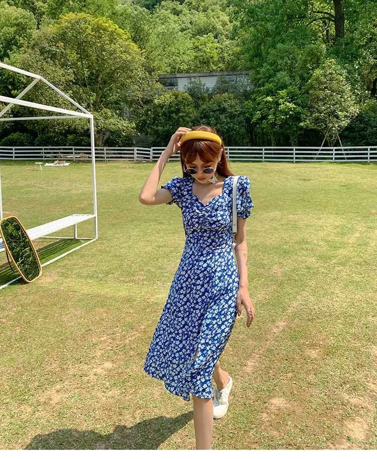 レトロ サイドスリット ワンピース 花柄 シフォン ミニ丈 半袖 L ブルー(ロング丈)