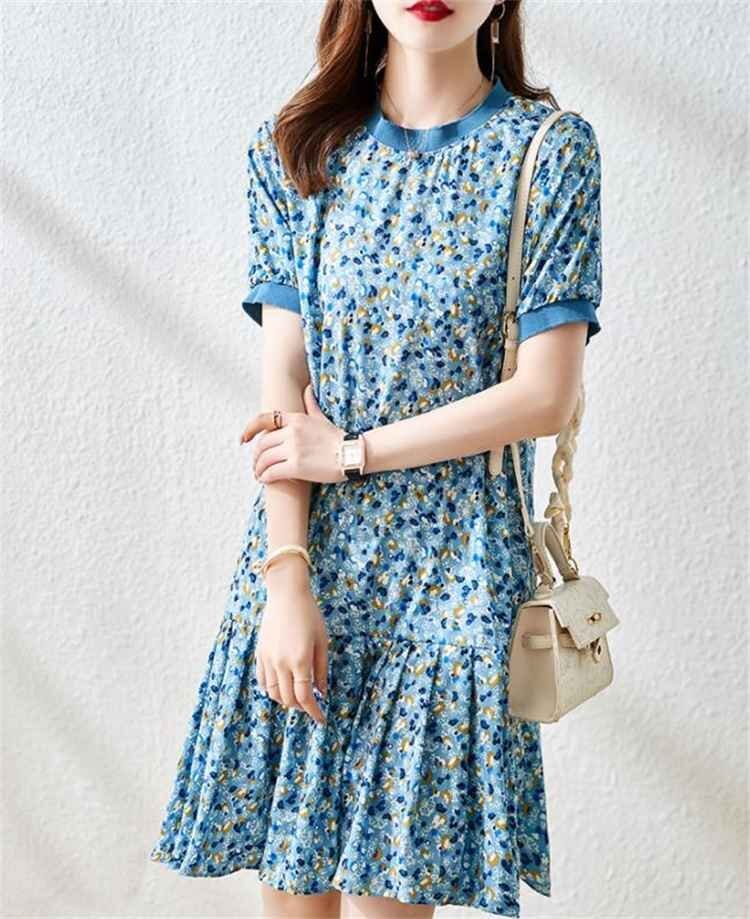 M~4XL 大きいサイズ 花柄 ミニスカート シフォン 半袖 ワンピース 大人気 L ブルー