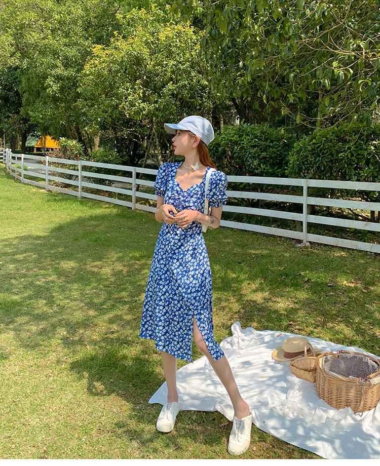 レトロ サイドスリット ワンピース 花柄 シフォン ミニ丈 半袖 L ブルー(ロング丈)