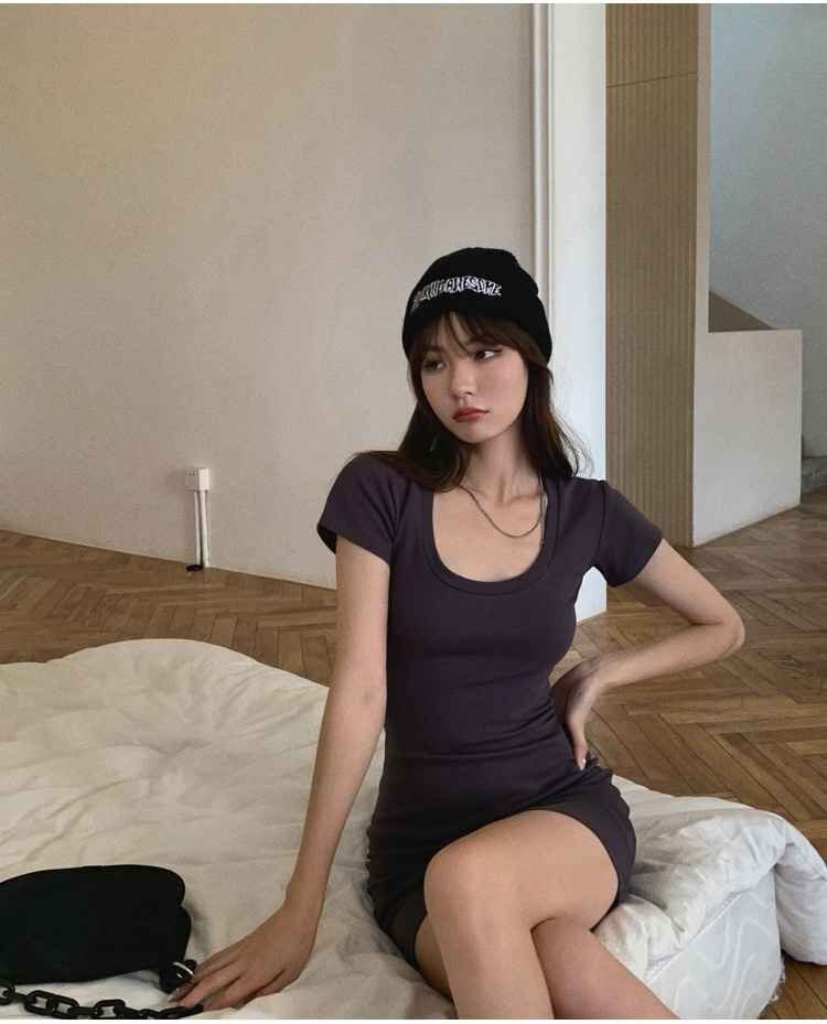 ビッグUネック 半袖 ワンピース ミニ丈ワンピ セクシー L ダークグレー
