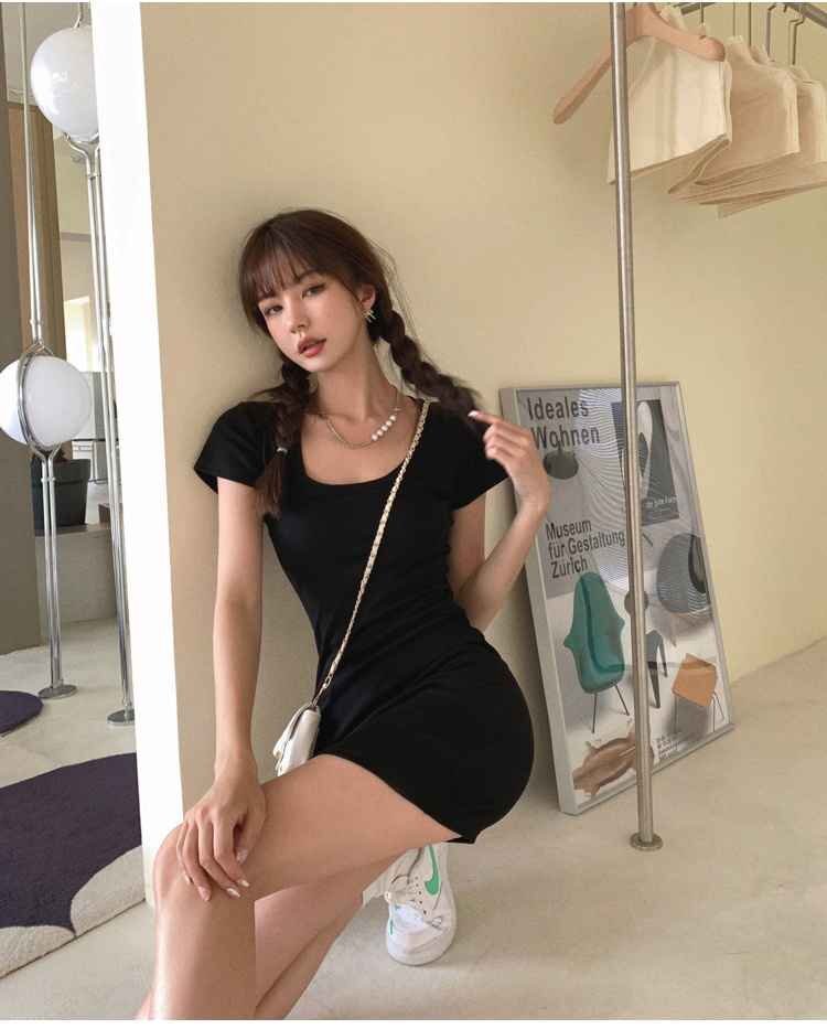 ビッグUネック 半袖 ワンピース ミニ丈ワンピ セクシー L ダークグレー