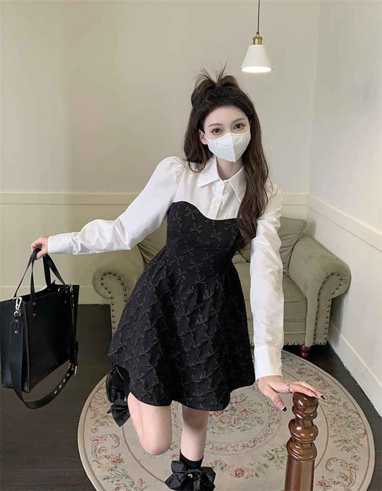 長袖 縫い付け生地 大人気 新品 Aライン ミニスカート ワンピース L ワンカラー