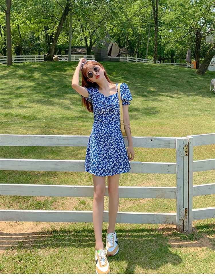 レトロ サイドスリット ワンピース 花柄 シフォン ミニ丈 半袖 L ブルー(ロング丈)