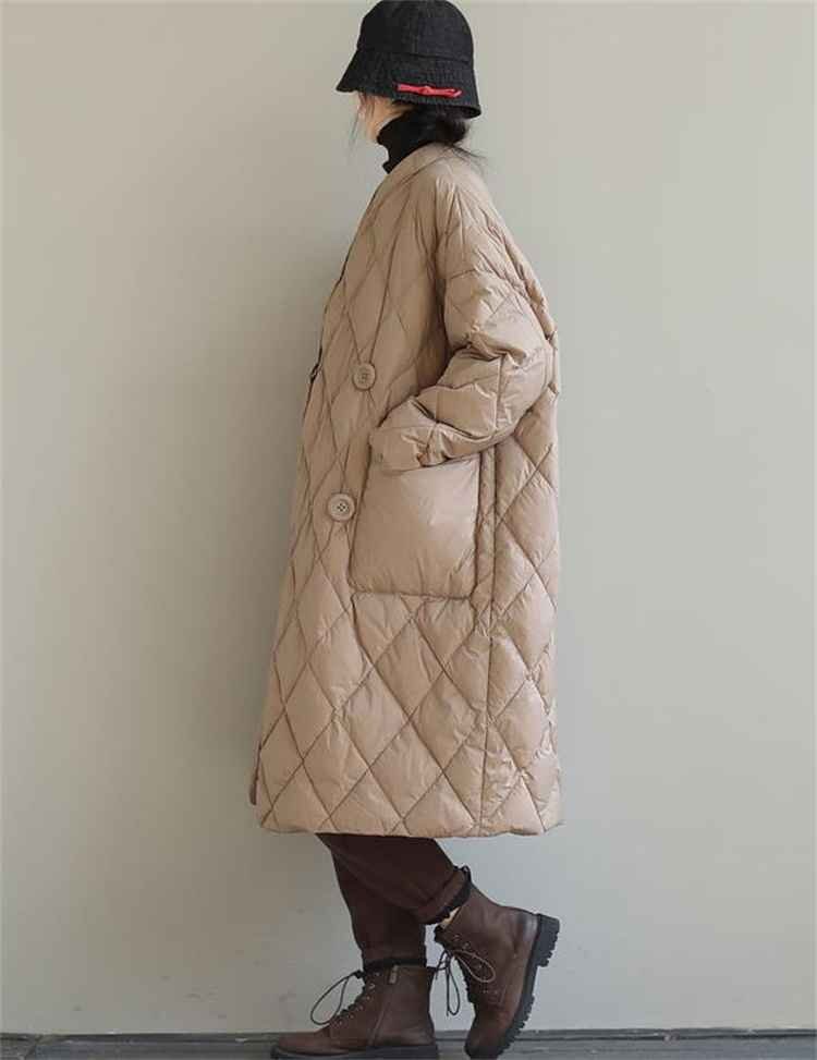 ダウンジャケット コート ピュアカラー Vネック ひし形 2XL カーキ