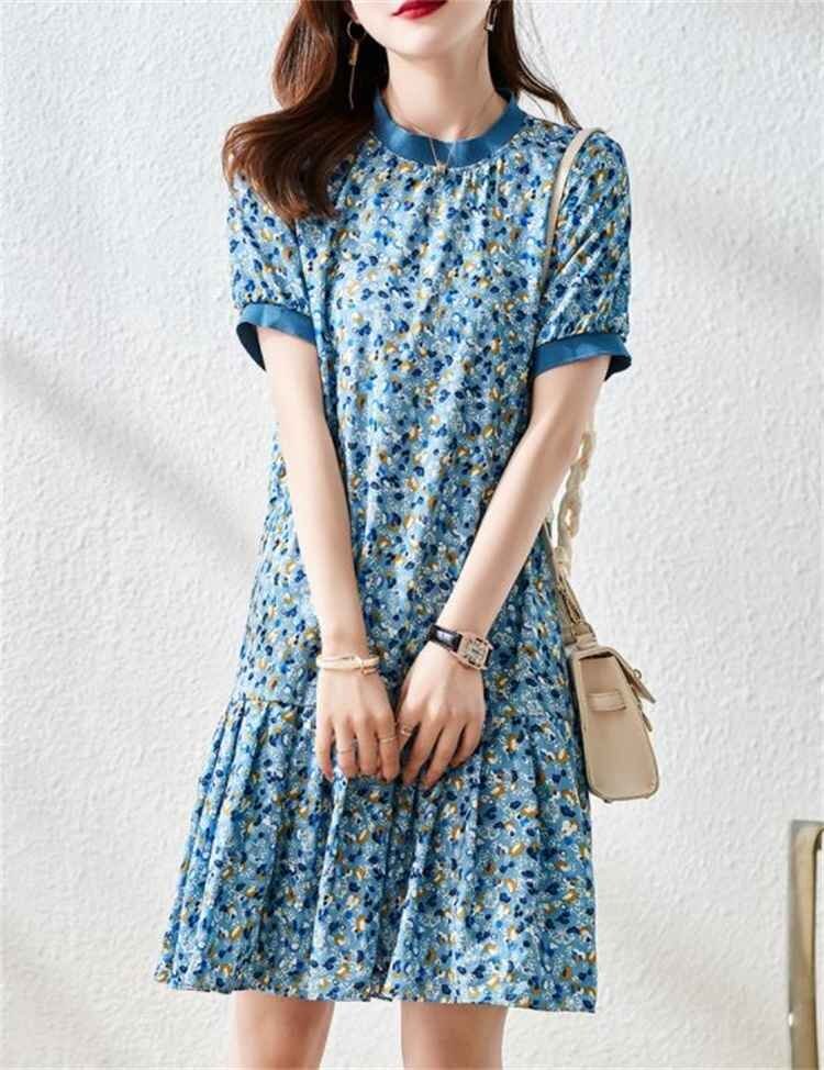 M~4XL 大きいサイズ 花柄 ミニスカート シフォン 半袖 ワンピース 大人気 L ブルー