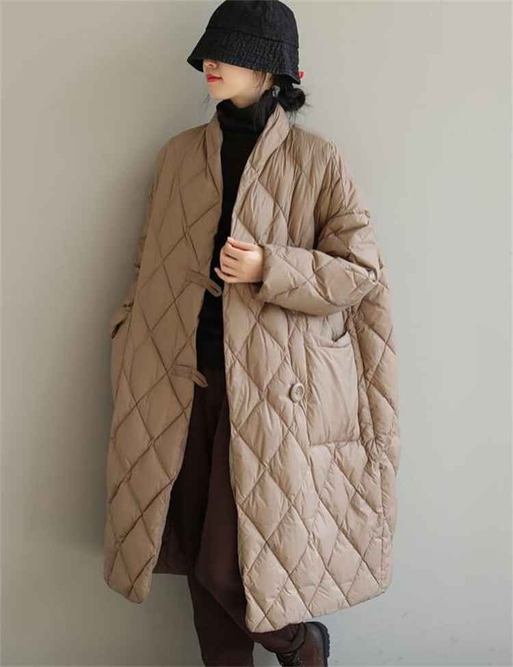 ダウンジャケット コート ピュアカラー Vネック ひし形 2XL カーキ