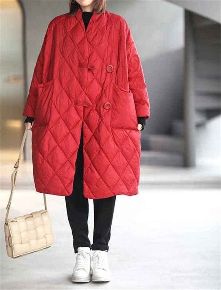 ダウンジャケット コート ピュアカラー Vネック ひし形 2XL カーキ
