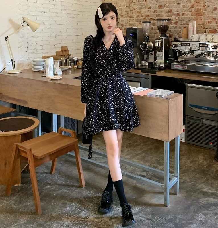  длинный рукав One-piece объем рукав оборка minivan pi casual точка рисунок полька-дот узор простой [ большой размер есть ] 4XL черный 
