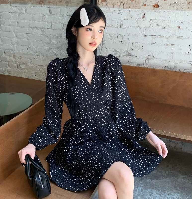  длинный рукав One-piece объем рукав оборка minivan pi casual точка рисунок полька-дот узор простой [ большой размер есть ] 4XL черный 
