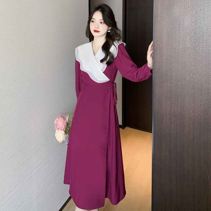 長袖ワンピース フリル ロングワンピ レトロ かわいい おしゃれ 秋冬 XL ローズ