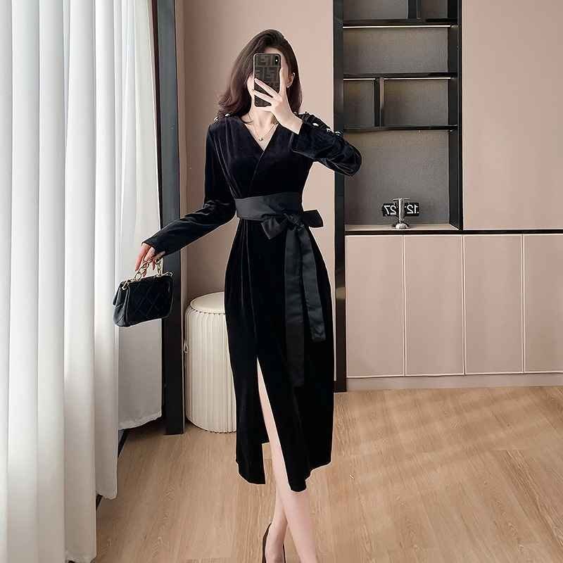  длинный рукав One-piece оборка платье одноцветный простой красивый . casual осень-зима XL черный 