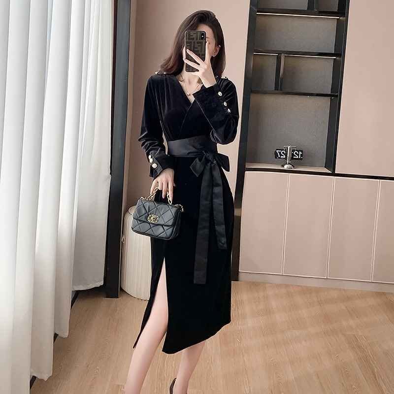  длинный рукав One-piece оборка платье одноцветный простой красивый . casual осень-зима XL черный 