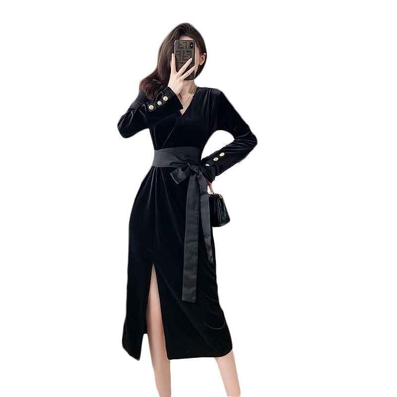  длинный рукав One-piece оборка платье одноцветный простой красивый . casual осень-зима XL черный 