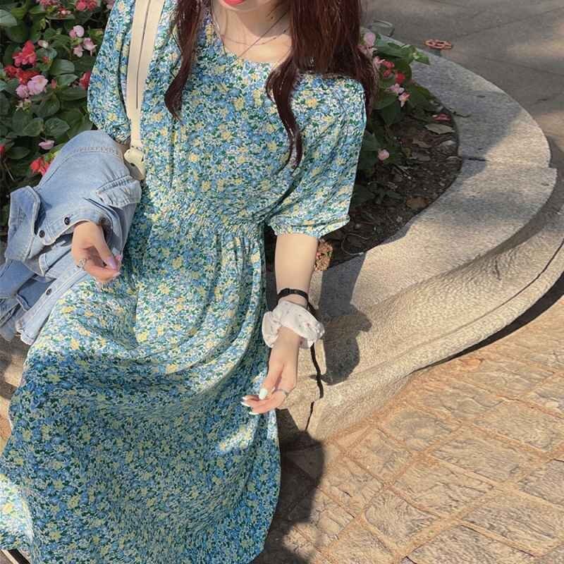 花柄 ロングワンピース レディース 春夏 XL ブルーグリーン