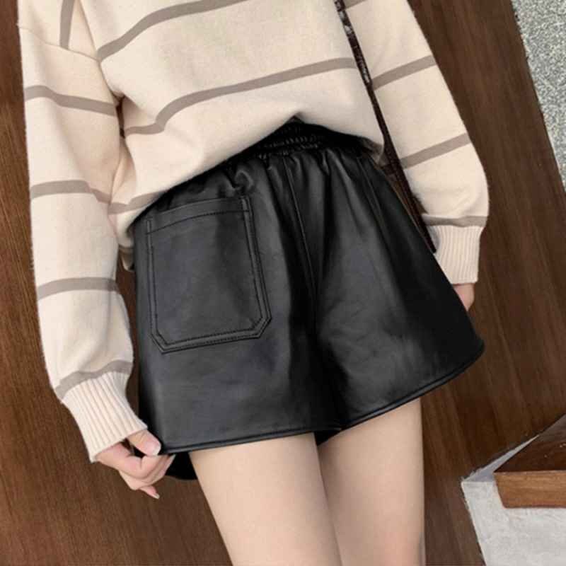 レザーショートパンツ レディース レザー調(diào)パンツ ウエストゴム ボトムス XL ブラック