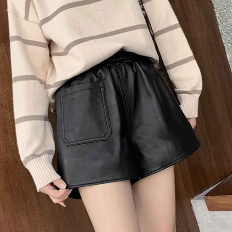 レザーショートパンツ レディース レザー調(diào)パンツ ウエストゴム ボトムス XL ブラック