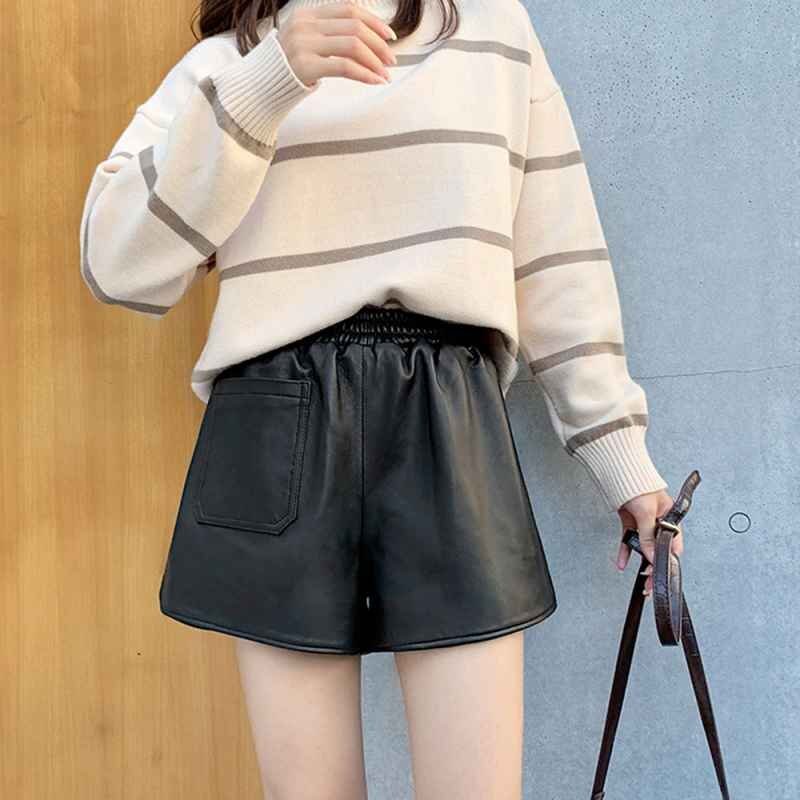 レザーショートパンツ レディース レザー調(diào)パンツ ウエストゴム ボトムス XL ブラック