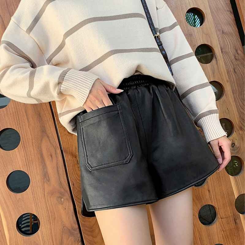 レザーショートパンツ レディース レザー調(diào)パンツ ウエストゴム ボトムス XL ブラック