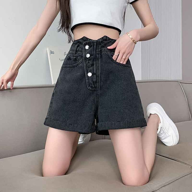 デニムショートパンツ ショーパン ジーパン ハイウエスト 切り替え スリム 著痩せ デニム シンプル XL ブラック