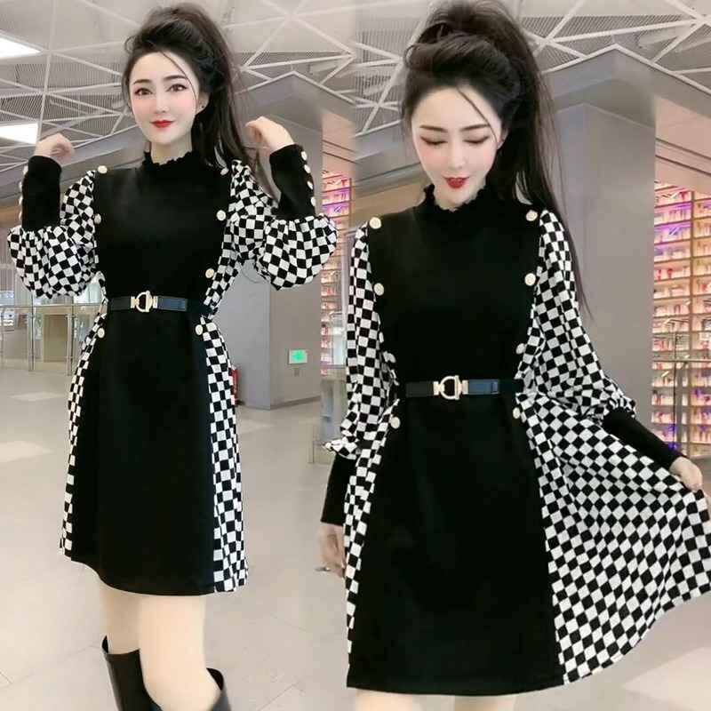 длинный рукав One-piece оборка minivan pi casual .. рисунок серебристый жевательная резинка проверка [ большой размер ] XL черный 