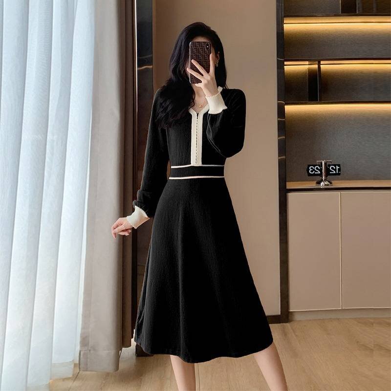  minivan pi вязаный One-piece толстый оборка длинный рукав платье симпатичный простой cut and sewn XL orange 