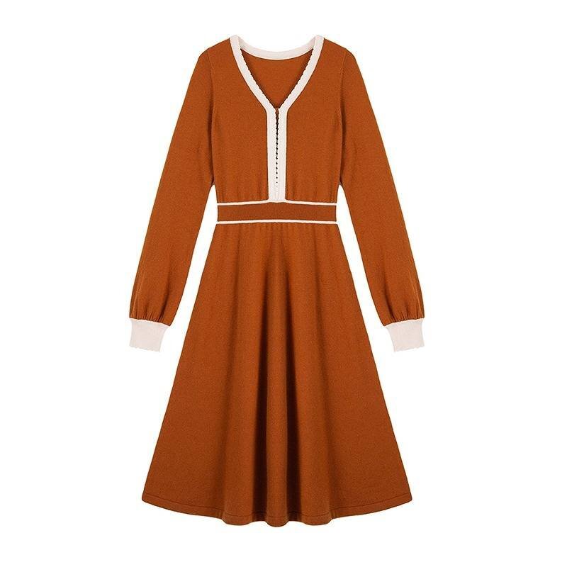  minivan pi вязаный One-piece толстый оборка длинный рукав платье симпатичный простой cut and sewn XL orange 