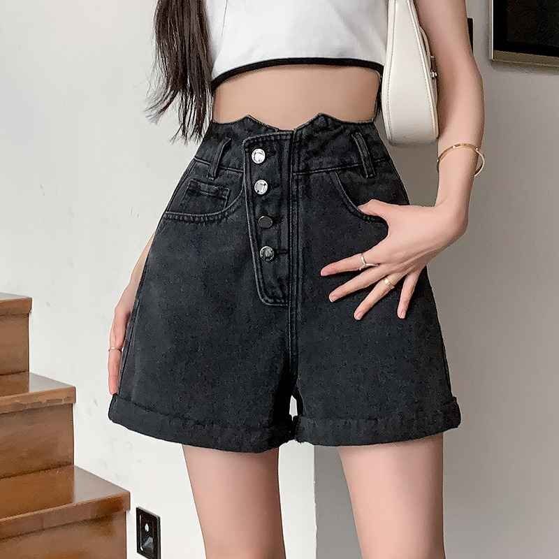 デニムショートパンツ ショーパン ジーパン ハイウエスト 切り替え スリム 著痩せ デニム シンプル XL ブラック