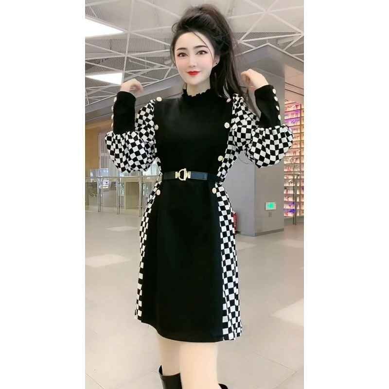  длинный рукав One-piece оборка minivan pi casual .. рисунок серебристый жевательная резинка проверка [ большой размер ] XL черный 