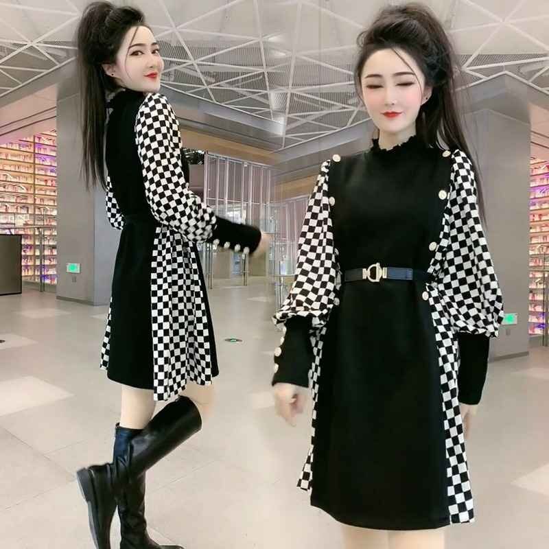  длинный рукав One-piece оборка minivan pi casual .. рисунок серебристый жевательная резинка проверка [ большой размер ] XL черный 