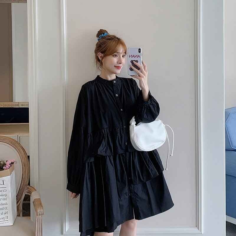  длинный рукав One-piece оборка minivan pi casual симпатичный [ большой размер есть ] 3XL черный 