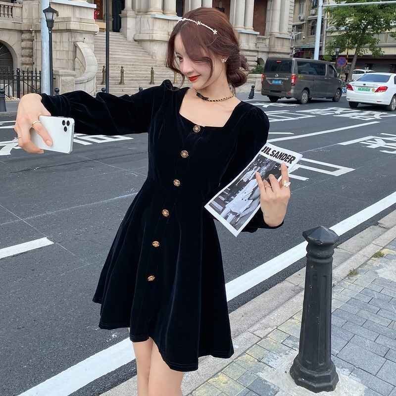 長(zhǎng)袖ワンピース ボリューム袖 フリル ミニワンピ カジュアル かわいい シンプル 無地 L ブラック