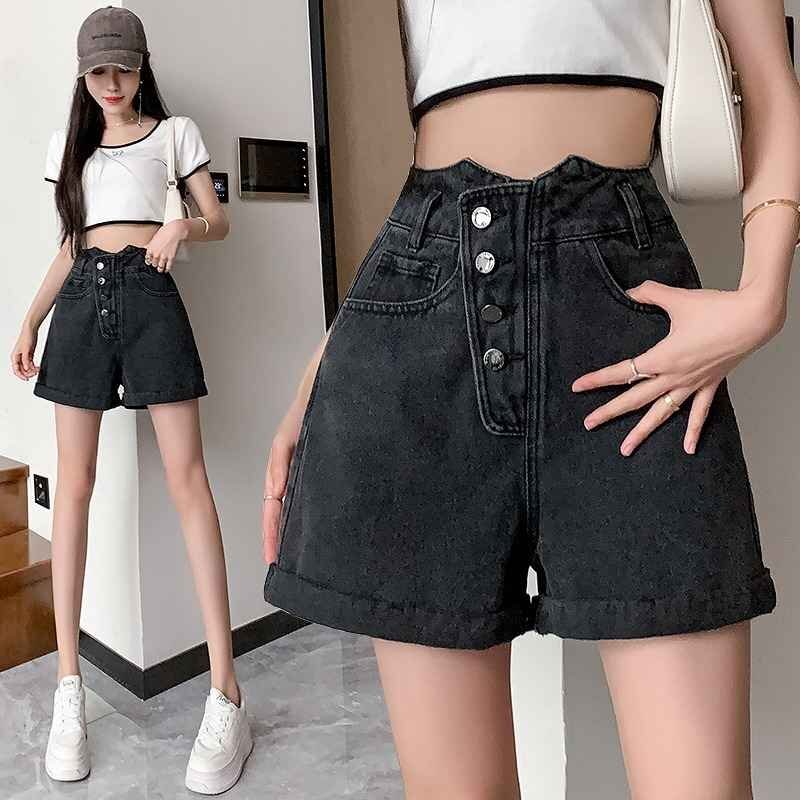 デニムショートパンツ ショーパン ジーパン ハイウエスト 切り替え スリム 著痩せ デニム シンプル XL ブラック