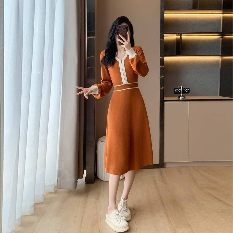  minivan pi вязаный One-piece толстый оборка длинный рукав платье симпатичный простой cut and sewn XL orange 