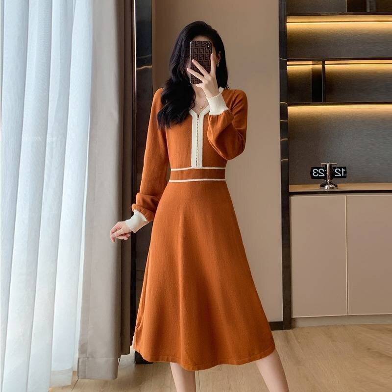  minivan pi вязаный One-piece толстый оборка длинный рукав платье симпатичный простой cut and sewn XL orange 