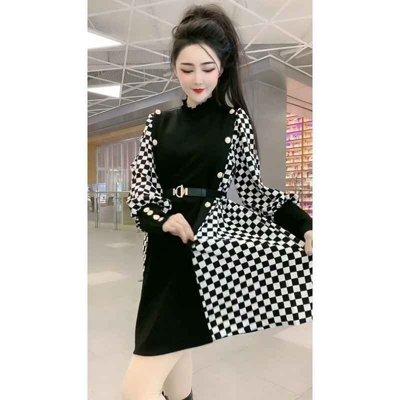  длинный рукав One-piece оборка minivan pi casual .. рисунок серебристый жевательная резинка проверка [ большой размер ] XL черный 