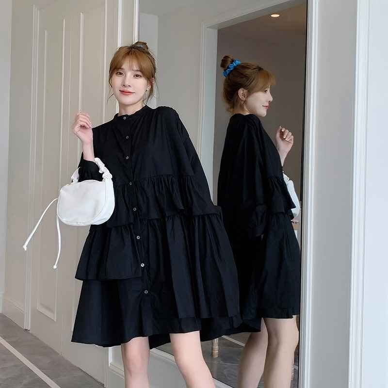  длинный рукав One-piece оборка minivan pi casual симпатичный [ большой размер есть ] 3XL черный 