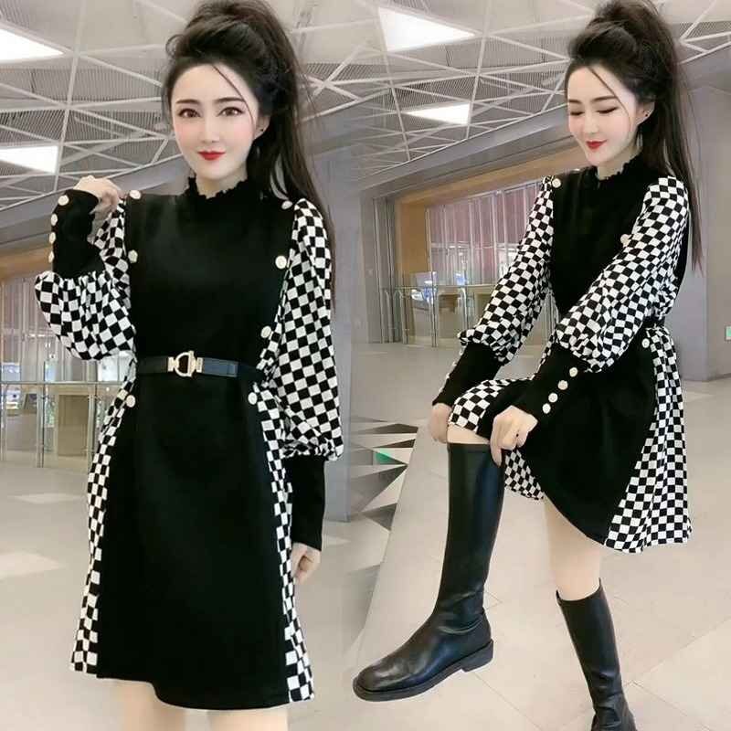  длинный рукав One-piece оборка minivan pi casual .. рисунок серебристый жевательная резинка проверка [ большой размер ] XL черный 