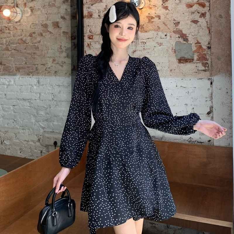  длинный рукав One-piece объем рукав оборка minivan pi casual точка рисунок полька-дот узор простой [ большой размер есть ] 4XL черный 