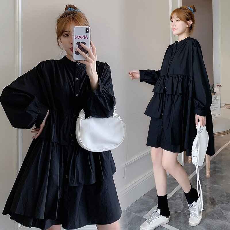 длинный рукав One-piece оборка minivan pi casual симпатичный [ большой размер есть ] 3XL черный 