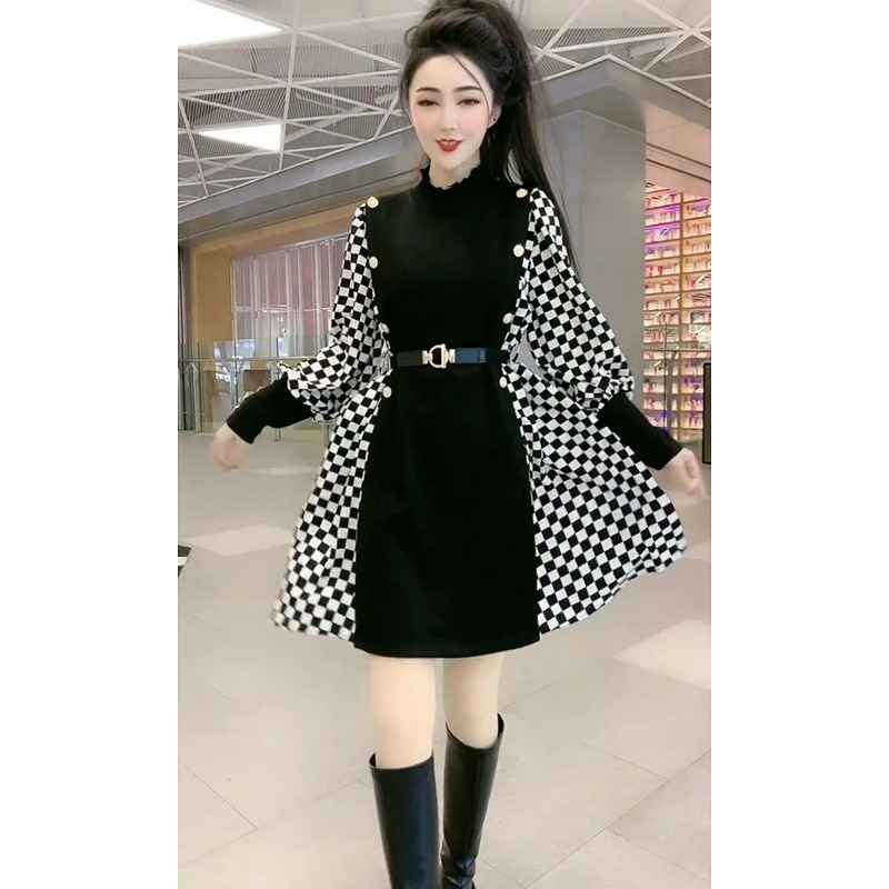 длинный рукав One-piece оборка minivan pi casual .. рисунок серебристый жевательная резинка проверка [ большой размер ] XL черный 