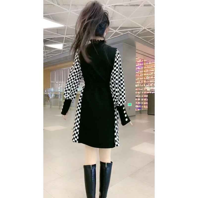  длинный рукав One-piece оборка minivan pi casual .. рисунок серебристый жевательная резинка проверка [ большой размер ] XL черный 