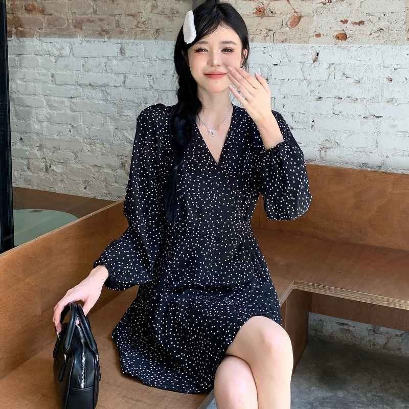  длинный рукав One-piece объем рукав оборка minivan pi casual точка рисунок полька-дот узор простой [ большой размер есть ] 4XL черный 