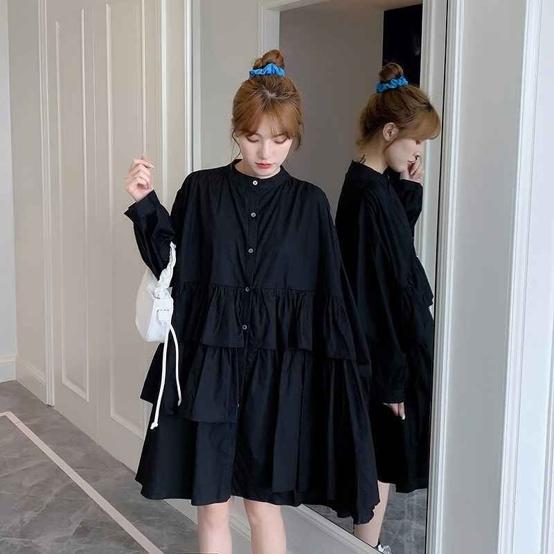  длинный рукав One-piece оборка minivan pi casual симпатичный [ большой размер есть ] 3XL черный 