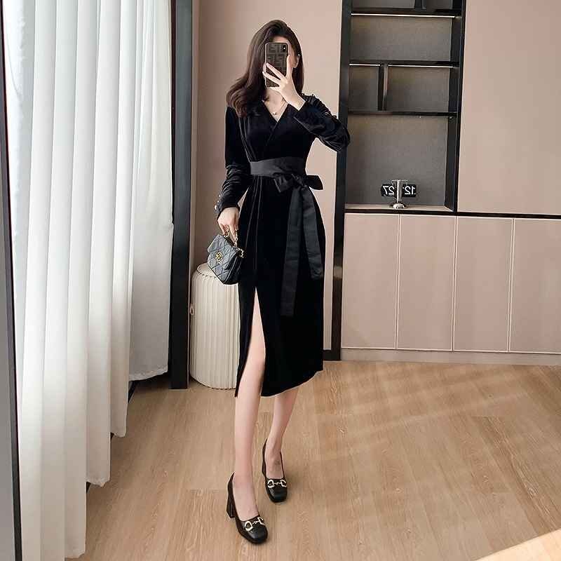  длинный рукав One-piece оборка платье одноцветный простой красивый . casual осень-зима XL черный 