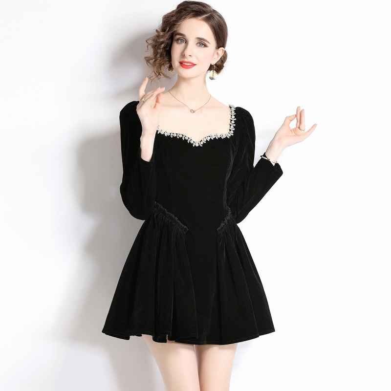  длинный рукав One-piece оборка платье minivan pi простой casual одноцветный осень-зима [ большой размер есть ] 2XL черный 