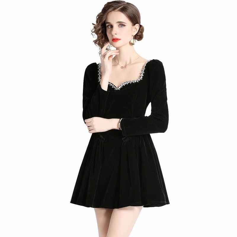  длинный рукав One-piece оборка платье minivan pi простой casual одноцветный осень-зима [ большой размер есть ] 2XL черный 