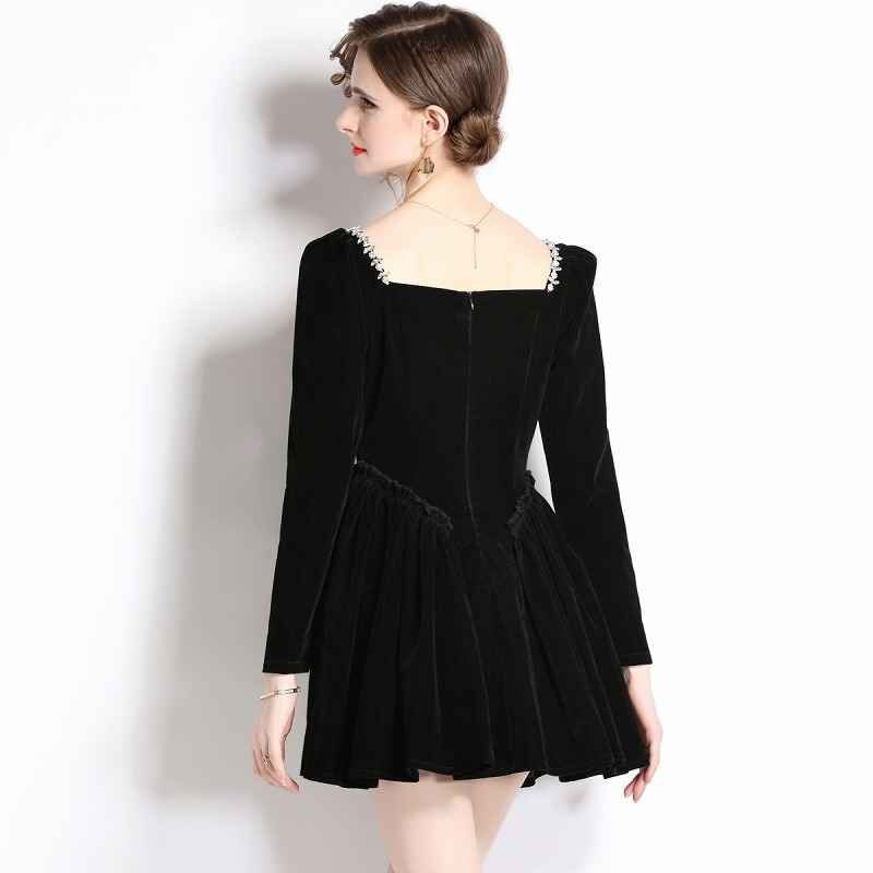  длинный рукав One-piece оборка платье minivan pi простой casual одноцветный осень-зима [ большой размер есть ] 2XL черный 