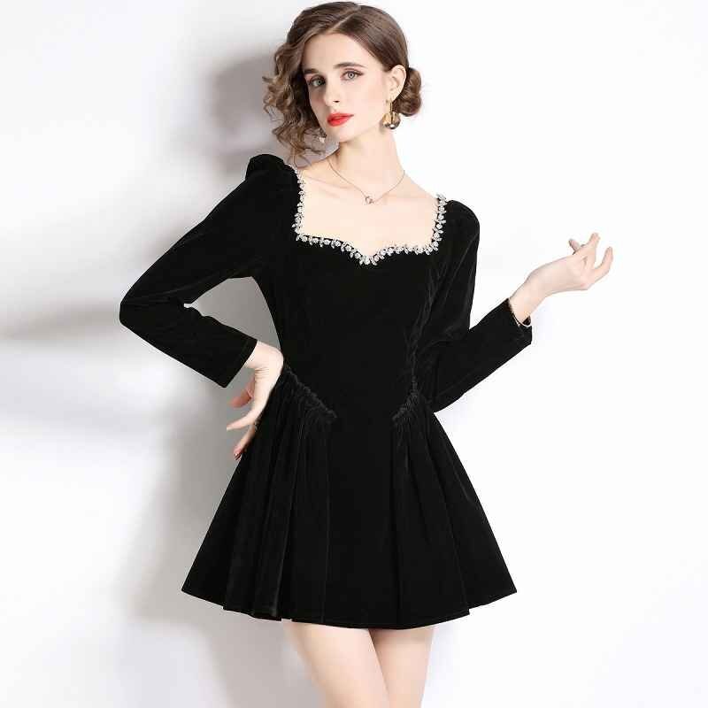  длинный рукав One-piece оборка платье minivan pi простой casual одноцветный осень-зима [ большой размер есть ] 2XL черный 